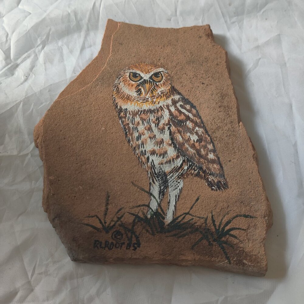 Owl Painting on stone slate, Rustic and beautiful, by artist RL Root 85'
